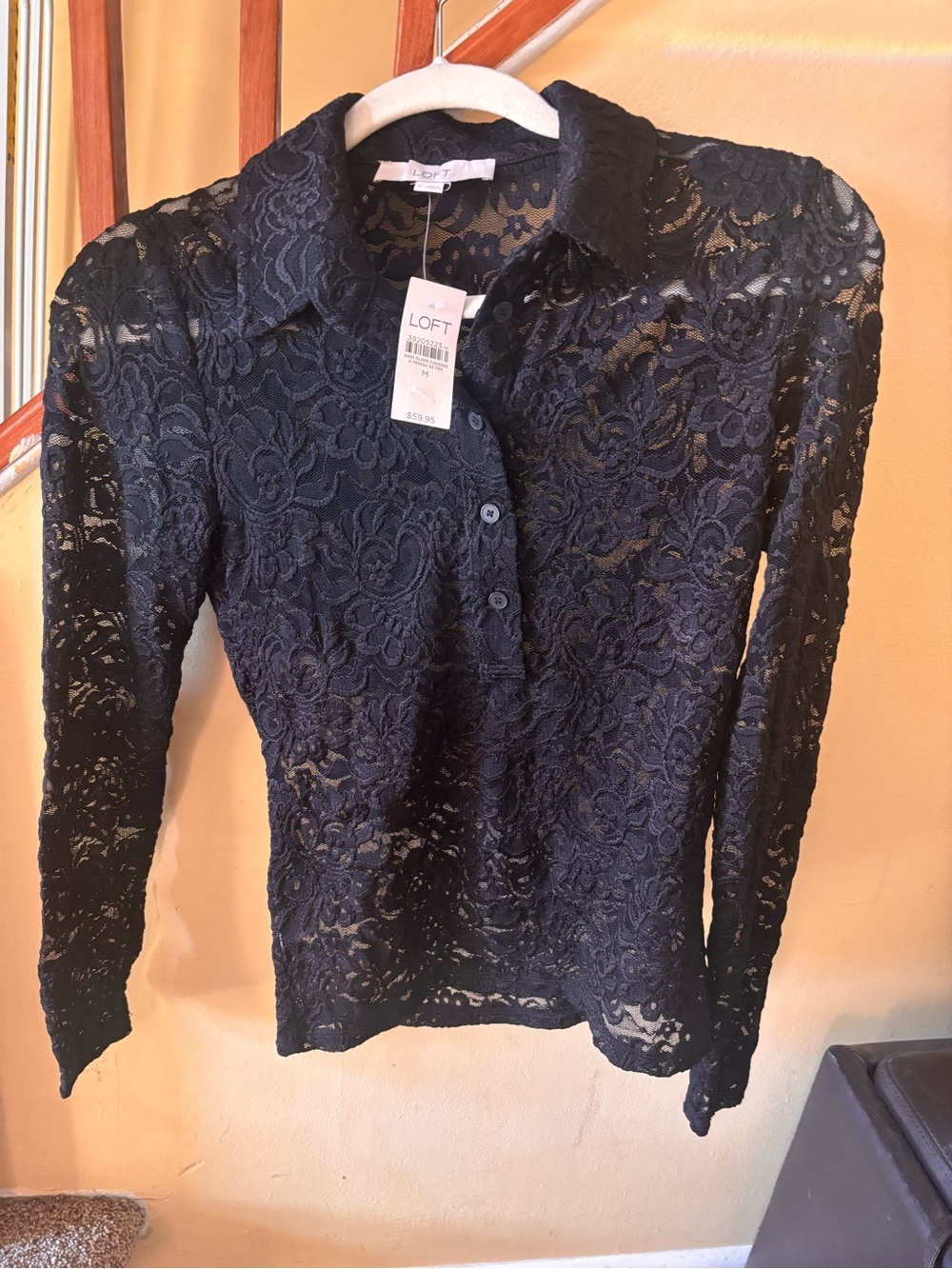 LOFT Black Sheer Floral Lace Collared Blouse
